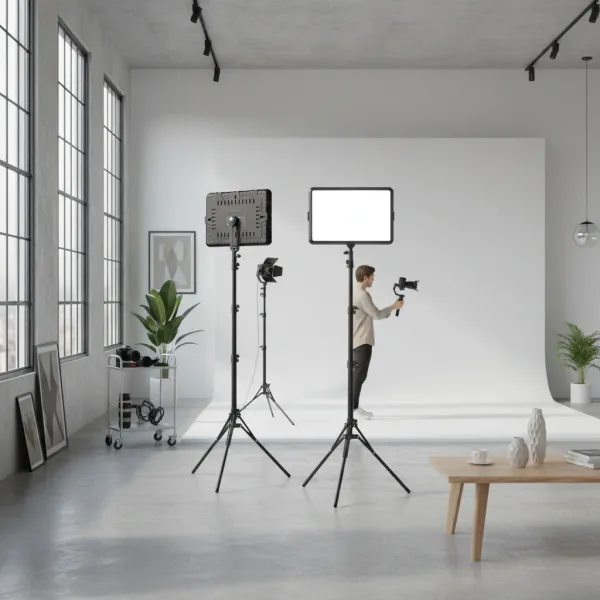 Kit panneau de lumière LED pour photographie et vidéo avec trépieds dans un studio photo moderne