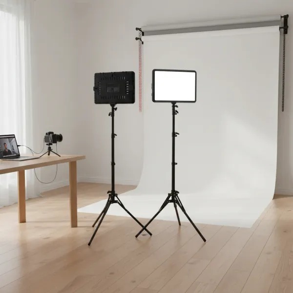 Kit d'éclairage vidéo LED SZKOSTON avec panneaux 8 et 12 pouces sur trépieds dans studio photo