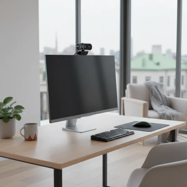 Webcam 4K ACEHE avec autofocus et microphone USB posée sur un écran d'ordinateur dans un bureau moderne