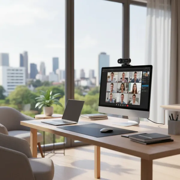 Webcam 4K ACEHE avec autofocus et microphone USB sur écran d'ordinateur lors d'une visioconférence