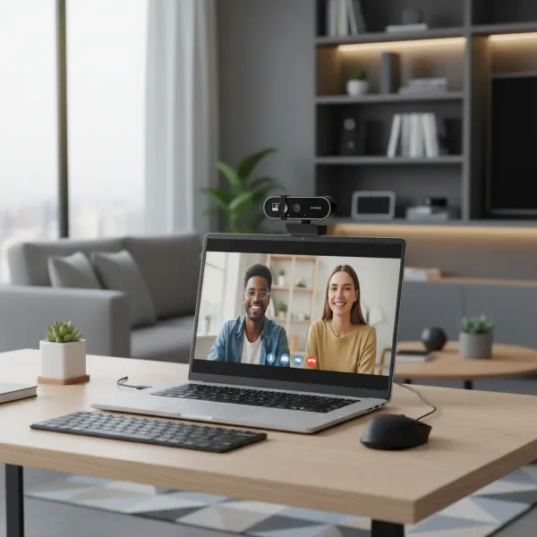 Webcam 4K ACEHE avec autofocus et microphone USB fixée sur un laptop lors d'une visioconférence