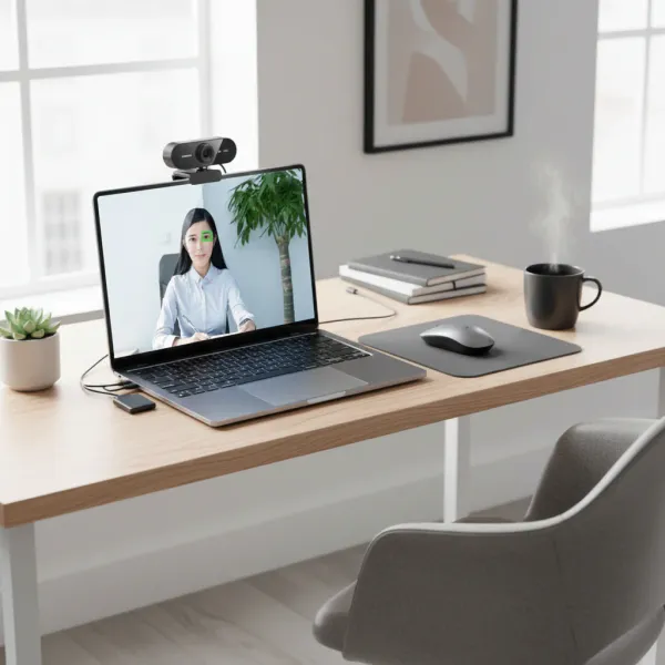 Webcam USB Full HD 1080p AKKHOO avec microphone intégré sur un ordinateur portable dans un bureau moderne