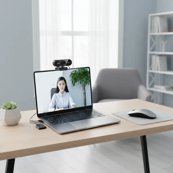 Webcam USB Full HD 1080p AKKHOO fixée sur un ordinateur portable en situation de visioconférence