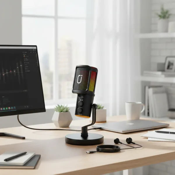 Microphone USB/XLR FanFun pour Podcast et Streaming avec RGB, Bouton Muet et Jack Casque Microphone USB/XLR FanFun avec éclairage RGB sur un bureau moderne pour podcast et streaming