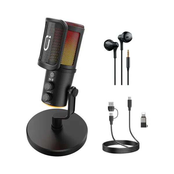 Microphone USB/XLR FanFun pour Podcast et Streaming avec RGB, Bouton Muet et Jack Casque Microphone FanFun USB XLR pour podcast et streaming avec éclairage RGB, bouton muet et jack casque