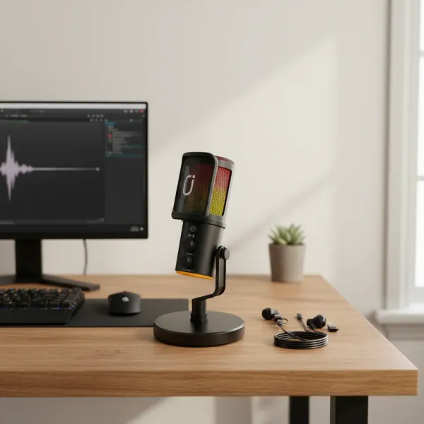 Microphone USB/XLR FanFun RGB avec bouton muet et sortie casque pour podcast et streaming Microphone USB/XLR FanFun avec éclairage RGB sur pied de bureau, bouton muet et jack casque