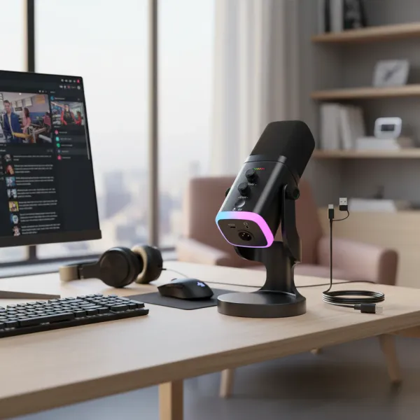 Microphone dynamique XLR/USB idéal pour streaming, jeux, YouTube, chant et enregistrement Microphone dynamique XLR et USB noir pour streaming et jeux posé sur bureau avec PC, casque et souris