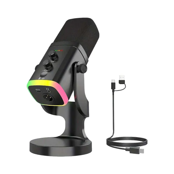Microphone dynamique XLR/USB pour streaming, jeux, YouTube, chant et enregistrement PC Microphone dynamique XLR et USB noir sur support avec câble USB pour streaming et jeux