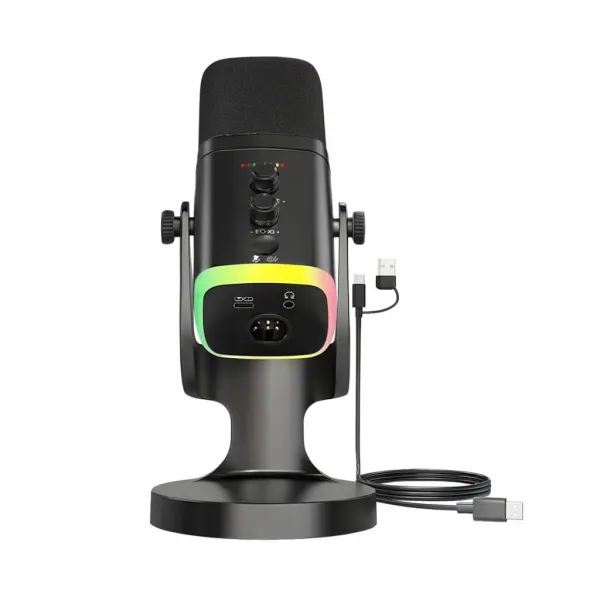 Microphone dynamique XLR/USB pour streaming, jeux, YouTube, chant et enregistrement sur PC Microphone dynamique XLR et USB noir avec base ronde et éclairage LED multicolore, câble USB connecté
