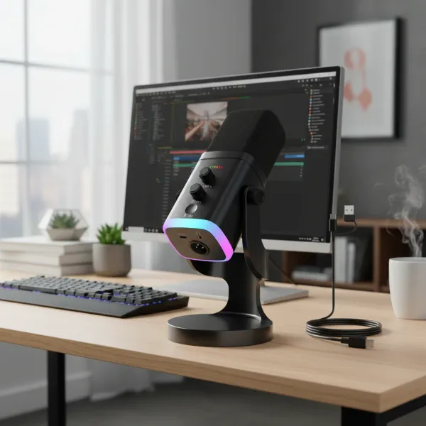 Microphone dynamique XLR/USB idéal pour streaming, jeux, Youtube et enregistrement Microphone dynamique XLR/USB noir avec éclairage RGB sur bureau moderne