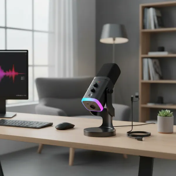 Microphone dynamique XLR/USB pour streaming, jeux, Youtube, chant et enregistrement PC Microphone dynamique XLR/USB avec éclairage RGB sur un bureau moderne, idéal pour streaming, jeux, enregistrement et chant