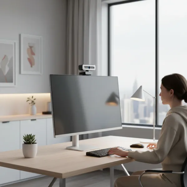 Webcam mini 4K HD avec microphone USB EOENKK installée sur un écran d'ordinateur dans un bureau moderne