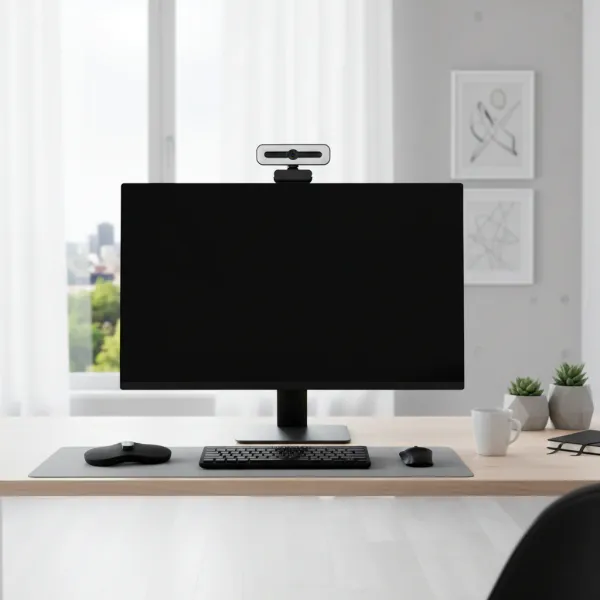 Webcam mini 4K HD avec microphone USB fixée sur un écran d'ordinateur dans un bureau moderne