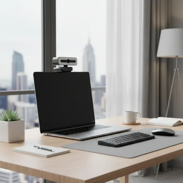 Webcam mini 4K HD EOENKK avec microphone USB fixée sur un ordinateur portable