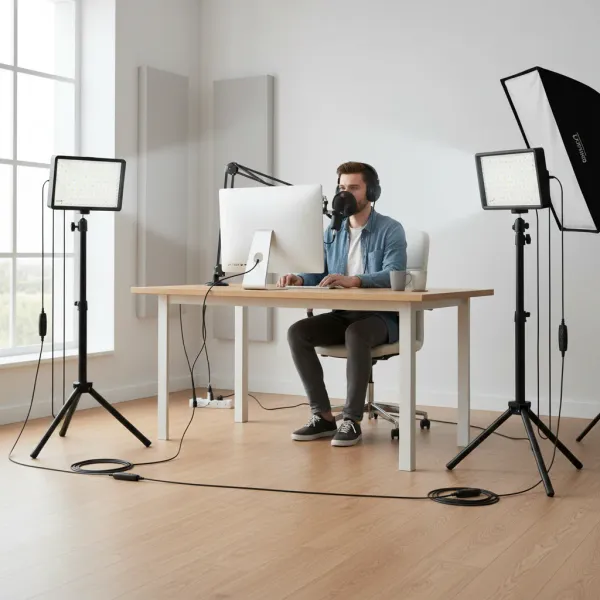 Lampe vidéo USB LED avec trépied mini et filtres couleur utilisée lors d'un enregistrement vidéo