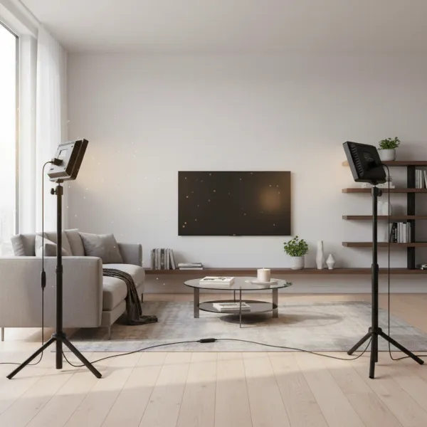 Set de lampes vidéo LED avec trépied mini installé dans un salon moderne avec lumière douce et décor contemporain