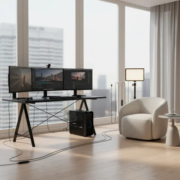 Lampe vidéo LED USB avec trépied mini allumée à côté d'un bureau avec trois écrans dans un intérieur moderne