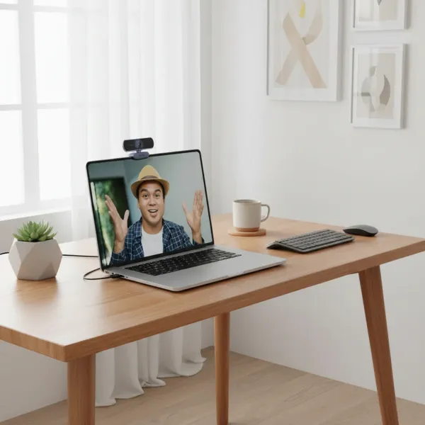 Webcam UGREEN 1080P 2K 4K avec microphone posée sur un ordinateur portable sur un bureau