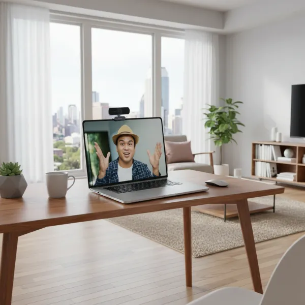 Webcam UGREEN 1080P 2K 4K avec microphone sur ordinateur portable en téléconférence dans un salon moderne