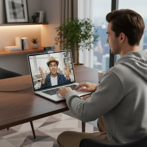 Homme utilisant une webcam UGREEN Full HD USB avec microphone pour une visioconférence