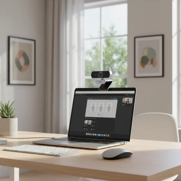 Webcam UGREEN 1080P 2K 4K avec microphone fixée sur un ordinateur portable pour streaming vidéo