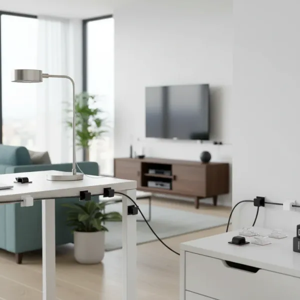 Organisateur de câbles avec 50 clips adhésifs transparents en acrylique fixés sur un bureau et une table