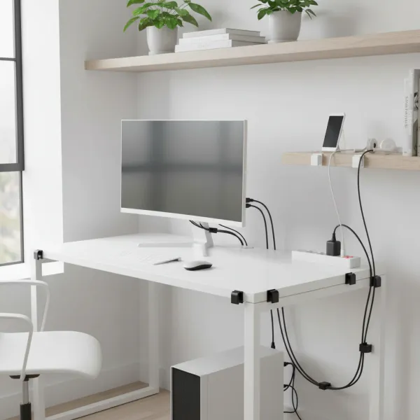 Organisateur de câbles avec clips adhésifs transparents fixés sur un bureau blanc pour une gestion propre des câbles