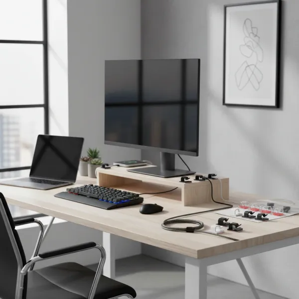 50PCS clips adhésifs transparents organisant des câbles sur un bureau moderne avec ordinateur