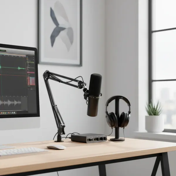 Microphone vocal dynamique SM7DB avec préampli intégré et directivité cardioïde TOP Quality SM7DB microphone vocal dynamique avec préampli intégré sur bras articulé à côté d'un casque audio et d'une interface audio