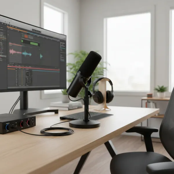 TOP Quality SM7DB Microphone vocal dynamique cardioïde avec préampli intégré Microphone vocal dynamique SM7DB avec préampli intégré posé sur un bureau de studio audio