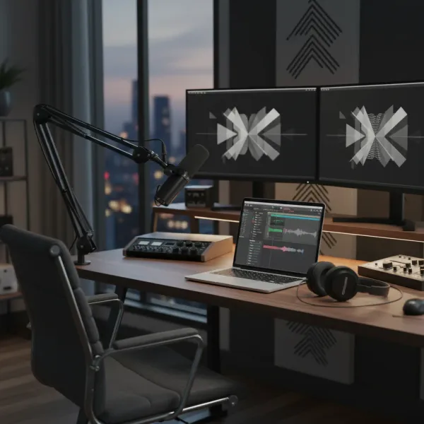 Microphone Vocal Dynamique SM7DB avec Préampli Intégré - Qualité Pro Cardioïde Microphone vocal dynamique SM7DB avec préampli intégré et directivité cardioïde dans un studio d'enregistrement moderne