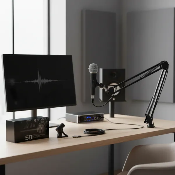 TisNite Good Handheld 58 - Microphone dynamique cardioïde filaire idéal pour enregistrement et streaming Microphone dynamique cardioïde filaire TisNite Good Handheld 58 installé sur un bras articulé dans un studio avec une interface audio et un écran affichant une onde sonore