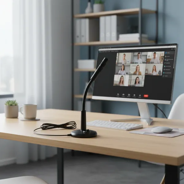 Microphone USB pour chat vocal, streaming et enregistrement sur ordinateur Microphone d'enregistrement de chat vocal USB posé sur un bureau avec un ordinateur en arrière-plan, utilisé pour la vidéoconférence