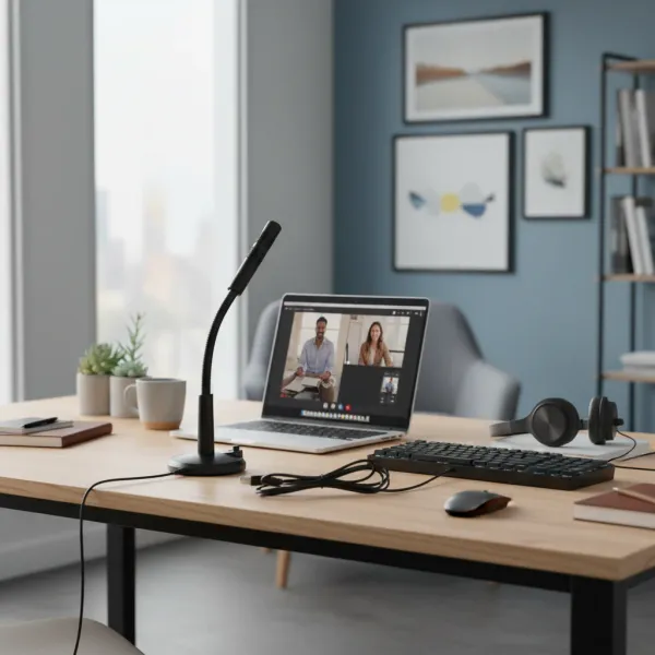 Microphone d'enregistrement vocal USB pour chat, streaming, et studio Microphone d'enregistrement vocal USB sur bureau avec ordinateur portable en visioconférence