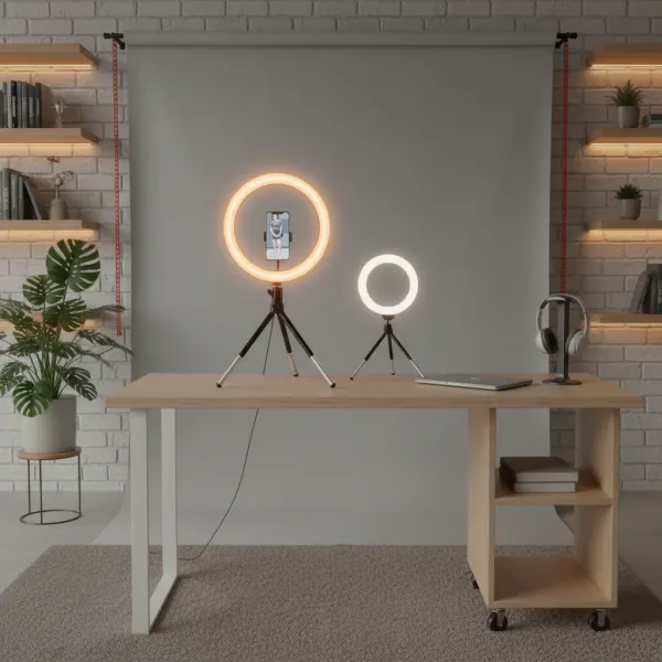 Anneau lumineux LED 20cm avec trépied USB pour téléphone en fonctionnement sur bureau moderne