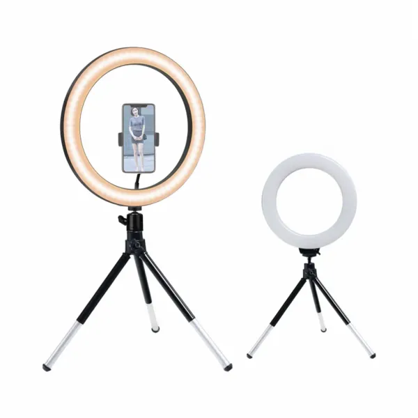 Anneau lumineux LED 20cm avec trépied USB pour téléphone montrant deux vues du produit avec téléphone fixé