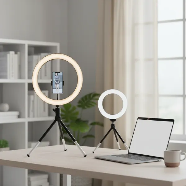 Anneau lumineux LED 20cm avec trépied USB et support téléphone, éclairage professionnel pour bureau