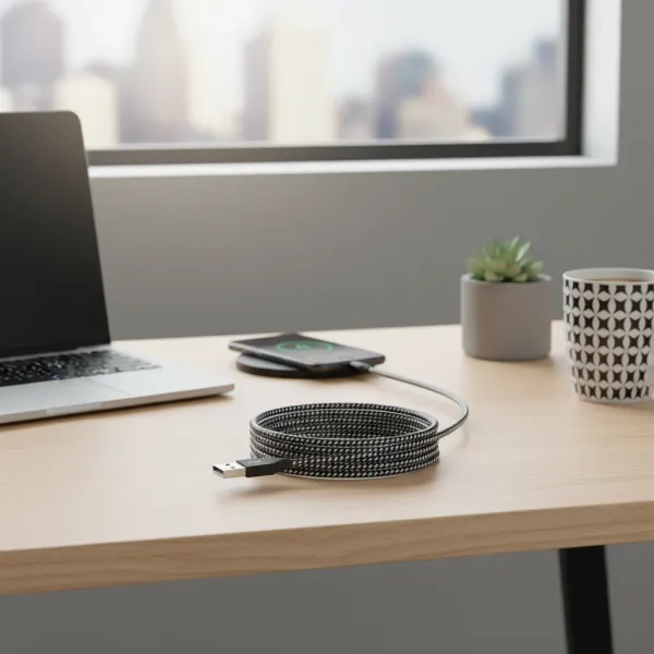 Câble USB-A vers Lightning LAIHONEN tressé noir et blanc 1 mètre en charge sur bureau