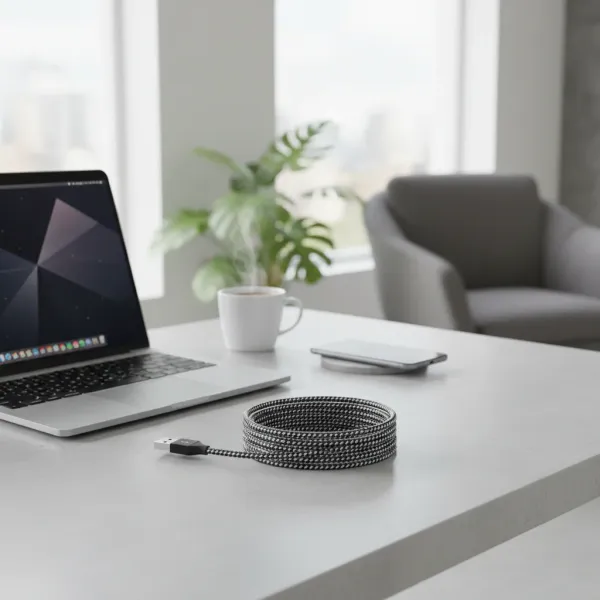 Câble USB-A vers Lightning LAIHONEN de 1 mètre enroulé sur un bureau