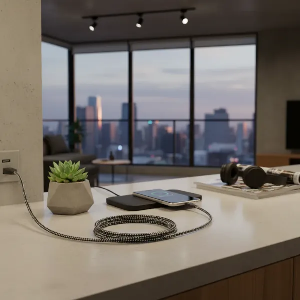 Câble USB-A vers Lightning LAIHONEN de 2 mètres en charge rapide 12W connecté à un smartphone sur un comptoir