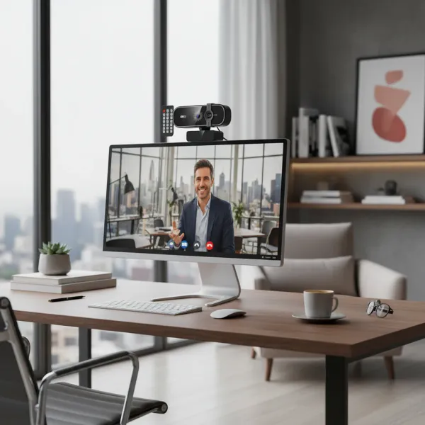 Webcam 4K EOENKK avec télécommande et micro posée sur un écran d'ordinateur dans un bureau moderne