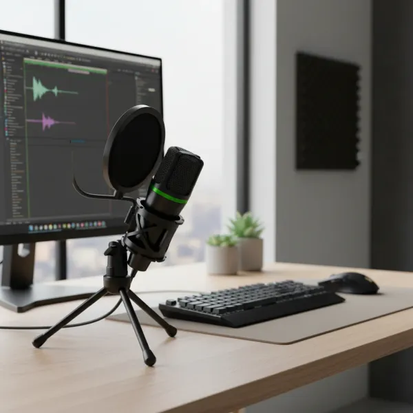 Microphone Condensateur USB AyeBeau Cardioïde pour PC et Laptop Microphone condensateur USB AyeBeau cardioïde noir sur bureau avec ordinateur et clavier