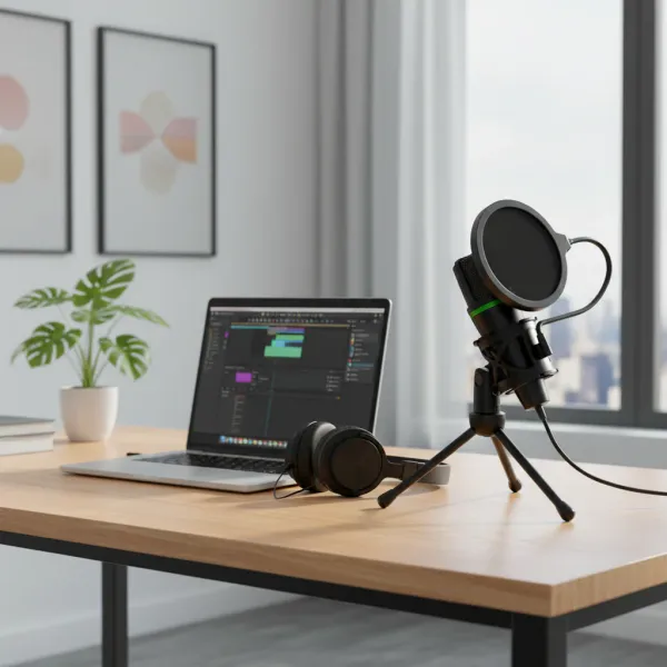 Microphone Condensateur USB AyeBeau Cardioïde pour PC et Laptop - Qualité Audio Supérieure Microphone condensateur USB AyeBeau cardioïde sur bureau avec PC portable et casque audio