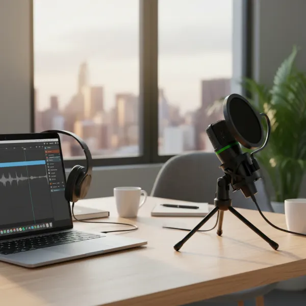 Microphone Condensateur USB AyeBeau Cardioïde pour PC et Laptop Microphone condensateur USB AyeBeau cardioïde avec support et filtre anti-pop sur bureau à côté d'un ordinateur portable