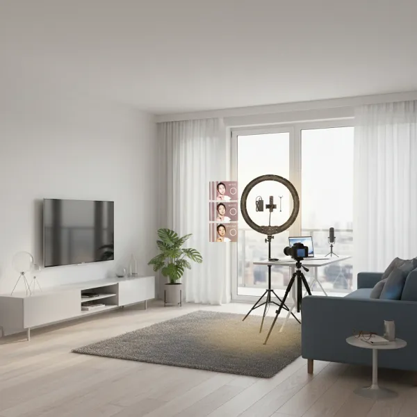 Ring Light LED bi-color 18-21 pouces avec télécommande installé dans un salon moderne pour la prise de vue photo-vidéo