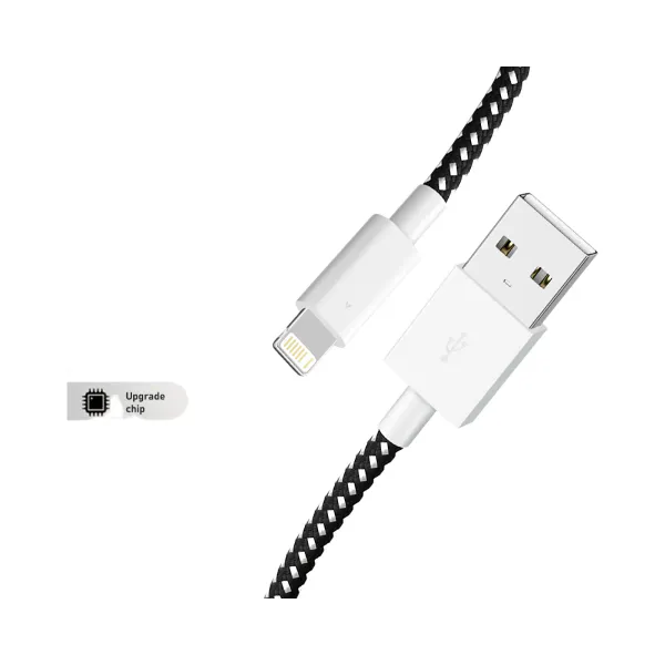 Câble Lightning tressé en nylon noir et blanc pour iPhone avec connecteurs blanc USB et Lightning