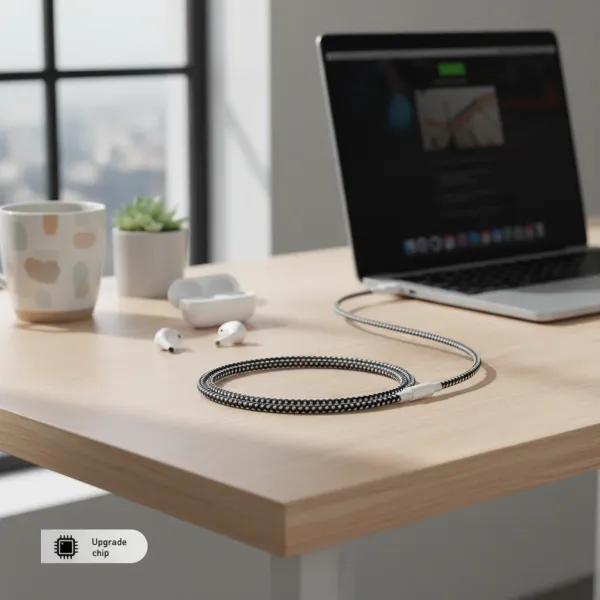 Câble Lightning tressé en nylon noir et blanc connecté à un ordinateur portable sur un bureau en bois avec écouteurs sans fil blancs