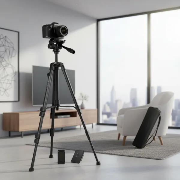 Mini trépied 25inch en aluminium avec caméra installé dans un salon moderne