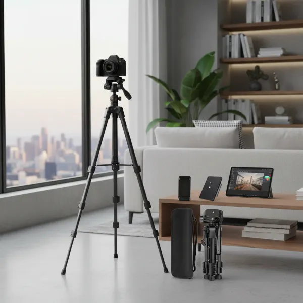 Mini trépied 25inch en aluminium installé avec appareil photo dans un salon moderne, trépied portable pliable posé à côté d'une table basse avec accessoires