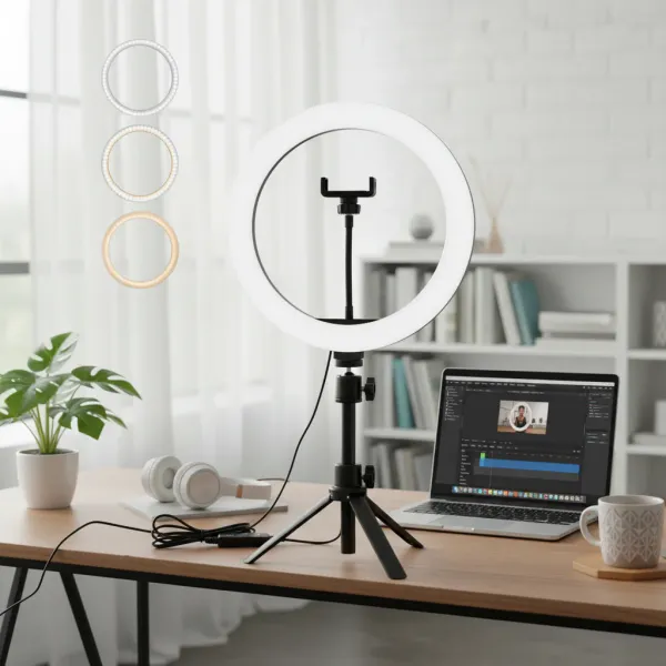 Anneau LED Selfie 26 cm Dimmable Bi-color Mrgabwte - Éclairage professionnel pour photos et vidéos Anneau LED selfie 26 cm dimmable bi-color Mrgabwte installé sur un bureau avec un ordinateur portable et des écouteurs